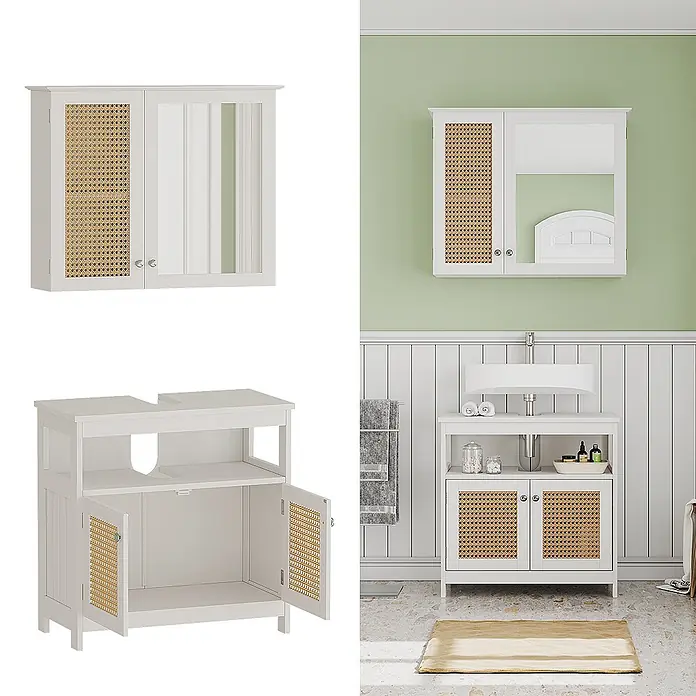 Vicco Badmöbel-Set Rosario Weiß 2 Teile - Gesamtbreite Badmöbel: 60 cm, Weiß, Matt - Weißes Badmöbel-Set mit Rattandetails, Waschtisch- und Wandschrank, im Badezimmer dargestellt.