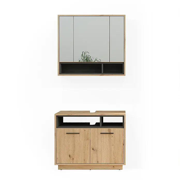Vicco Badmöbel-Set Beatrice Artisan-Eiche 2 Teile - Gesamtbreite Badmöbel: 80 cm, Artisan-Eiche, Matt - Hellholz- und dunkelgraues Badezimmermöbelset: Spiegelschrank mit offenem Regal und Waschtischunterschrank mit zwei Türen.