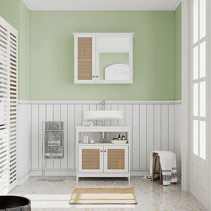 Vicco Badmöbel-Set Rosario Weiß 2 Teile - Gesamtbreite Badmöbel: 60 cm, Weiß, Matt - Weißer Badezimmerschrank mit Waschbecken und Rattantüren, dazu passender Spiegelschrank.