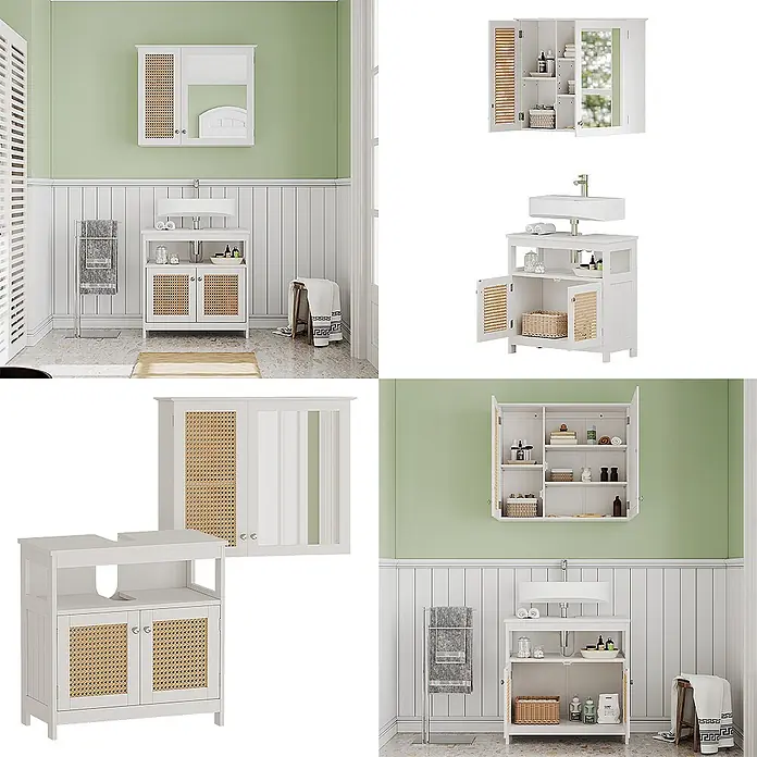 Vicco Badmöbel-Set Rosario Weiß 2 Teile - Gesamtbreite Badmöbel: 60 cm, Weiß, Matt - Weißer Badezimmerwaschtisch mit Waschbecken und passendem Wandschrank, beide mit natürlichen Rattan-Akzenten.