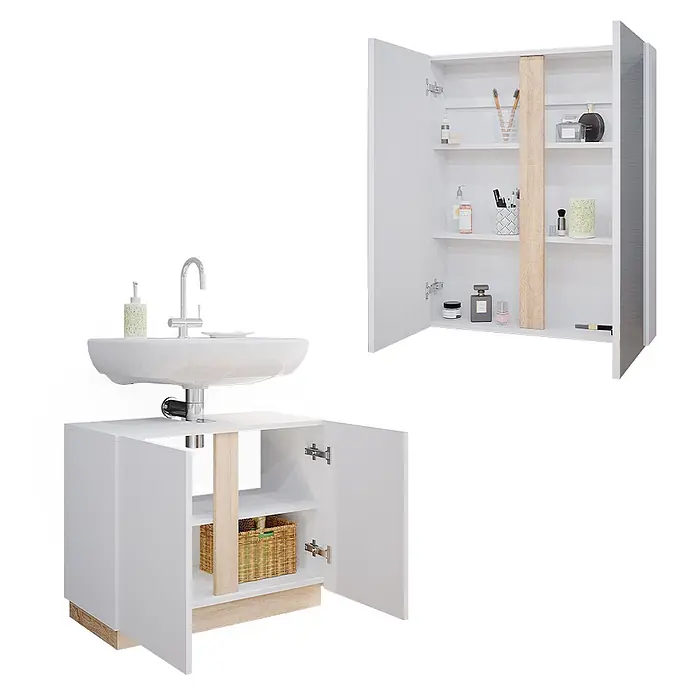 Vicco Badmöbel-Set Gloria Weiß 2 Teile - Gesamtbreite Badmöbel: 70,4 cm, Weiß, Matt - Weißer Badunterschrank mit Waschbecken und offener Spiegelschrank, beide mit hellen Holzdetails und Ablagen.