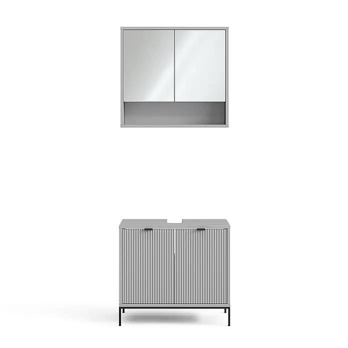 Vicco Badmöbel-Set Eliza Grau 2 Teile - Gesamtbreite Badmöbel: 70 cm, Grau, Matt - Hellgrauer Badunterschrank mit geriffelten Türen und schwarzen Beinen, dazu passender Spiegelschrank mit zwei Türen und offenem Fach.