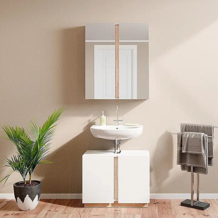 Vicco Badmöbel-Set Gloria Weiß 2 Teile - Gesamtbreite Badmöbel: 70,4 cm, Weiß, Matt - Weißer Badschrank mit Holzdetails, Wandwaschbecken, Spiegelschrank und freistehendem Handtuchhalter.