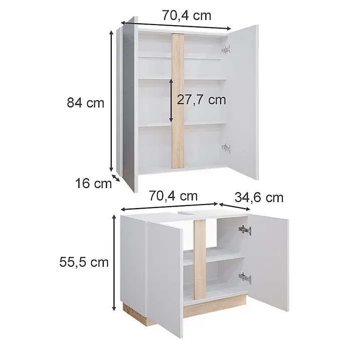 Vicco Badmöbel-Set Gloria Weiß 2 Teile - Gesamtbreite Badmöbel: 70,4 cm, Weiß, Matt - Weißer zweitüriger Schrank mit hellen Holzdetails, bestehend aus Oberschrank und Unterschrank mit Regalen.