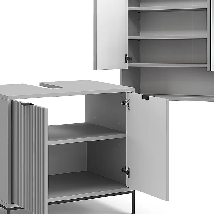 Vicco Badmöbel-Set Eliza Grau 2 Teile - Gesamtbreite Badmöbel: 70 cm, Grau, Matt - Hellgrauer Badunterschrank mit offenen Türen und Regalen, kombiniert mit einem passenden Hängeschrank.