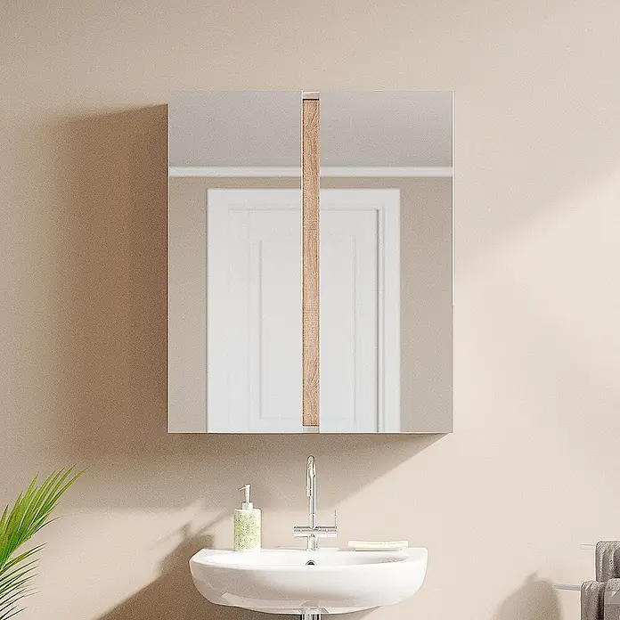 Vicco Badmöbel-Set Gloria Weiß 2 Teile - Gesamtbreite Badmöbel: 70,4 cm, Weiß, Matt - Rechteckiger Spiegelschrank mit mittigem Holzdekor, über einem weißen Waschbecken montiert.