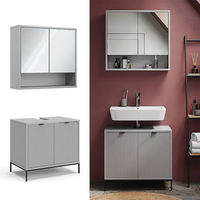 Vicco Badmöbel-Set Eliza Grau 2 Teile - Gesamtbreite Badmöbel: 70 cm, Grau, Matt - Hellgrauer Badunterschrank mit geriffelten Türen und schwarzen Beinen, dazu ein passender Spiegelschrank.