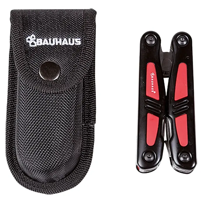 BAUHAUS Multi-Tool Pliers - Stahl rostfrei - Abbildung eines Bauhaus-Multifunktionswerkzeugs mit rotem Griff und einer schwarzen Gürteltasche mit Bauhaus-Logo.