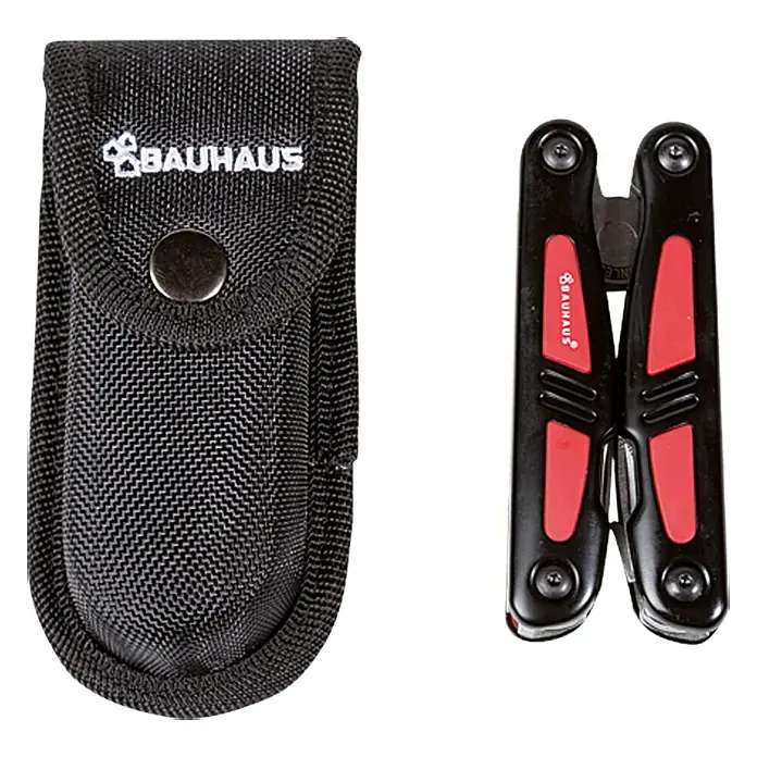BAUHAUS Multi-Tool Pliers - Stahl rostfrei - Abbildung eines Bauhaus-Multifunktionswerkzeugs mit rotem Griff und einer schwarzen Gürteltasche mit Bauhaus-Logo.
