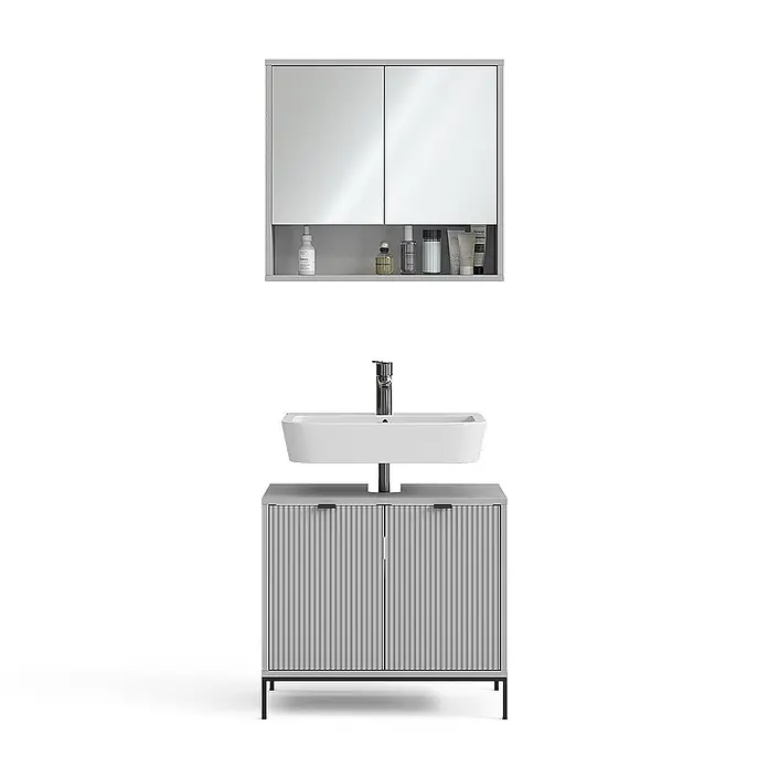 Vicco Badmöbel-Set Eliza Grau 2 Teile - Gesamtbreite Badmöbel: 70 cm, Grau, Matt - Hellgrauer Badschrank-Set mit Spiegelschrank und freistehendem Rillen-Unterschrank mit weißem Waschbecken.