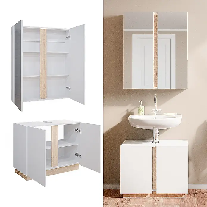 Vicco Badmöbel-Set Gloria Weiß 2 Teile - Gesamtbreite Badmöbel: 70,4 cm, Weiß, Matt - Weißer Badezimmer-Waschtischunterschrank und passender Spiegelschrank. Beide verfügen über helle Holzapplikationen und Innenregale.