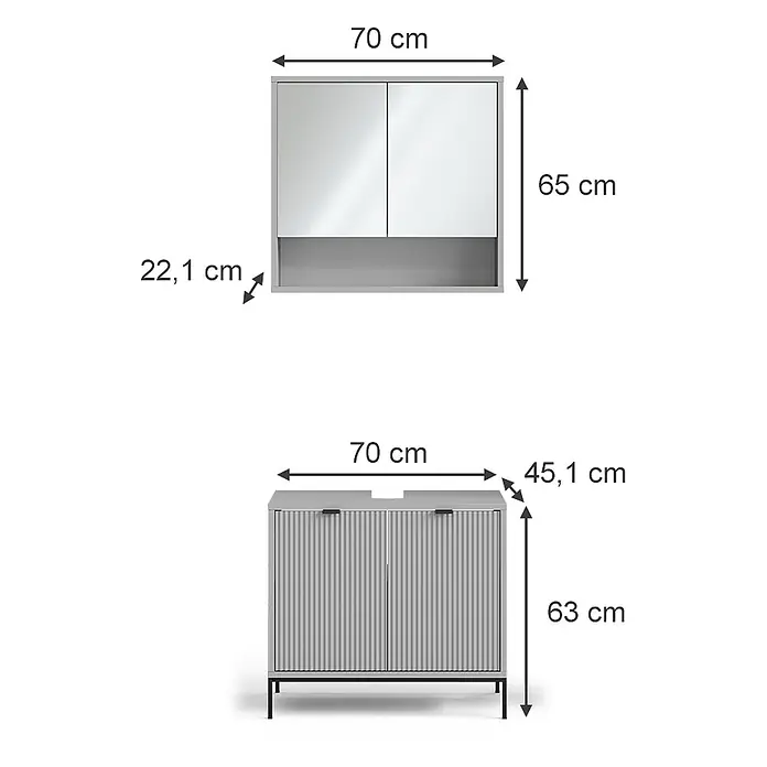Vicco Badmöbel-Set Eliza Grau 2 Teile - Gesamtbreite Badmöbel: 70 cm, Grau, Matt - Hellgrauer Waschtischunterschrank (70x63x45,1 cm) und Spiegelschrank (70x65x22,1 cm) für das Bad.