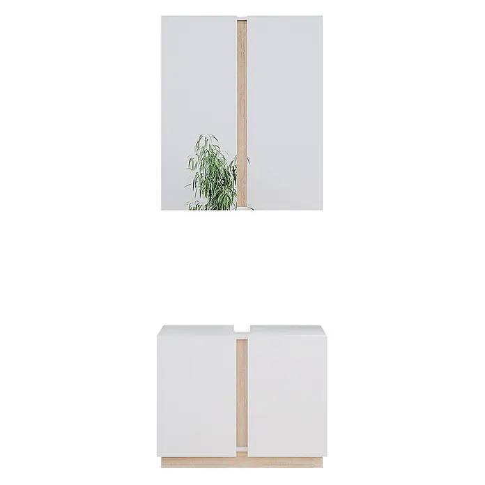 Vicco Badmöbel-Set Gloria Weiß 2 Teile - Gesamtbreite Badmöbel: 70,4 cm, Weiß, Matt - Modernes weißes Sideboard mit mittigem, hellem Holzfach und Sockel.
