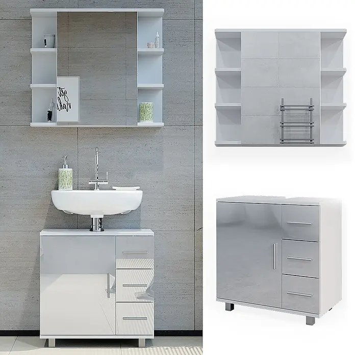 Vicco Badmöbel-Set Ilias Weiß Hochglanz 2 Teile - Gesamtbreite Badmöbel: 60 cm, Weiß Hochglanz, Glänzend - Modernes Badmöbel-Set: Hochschrank mit Spiegel und Ablagen, Unterschrank mit Waschbecken in Weiß und Glanzgrau.