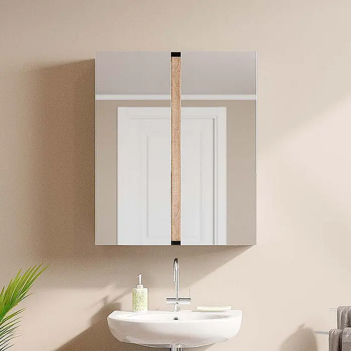 Vicco Badmöbel-Set Gloria, Anthrazit 70 cm -  - Verspiegelter Badezimmerschrank mit vertikalem Holzdekor über einem Waschbecken mit Armatur.