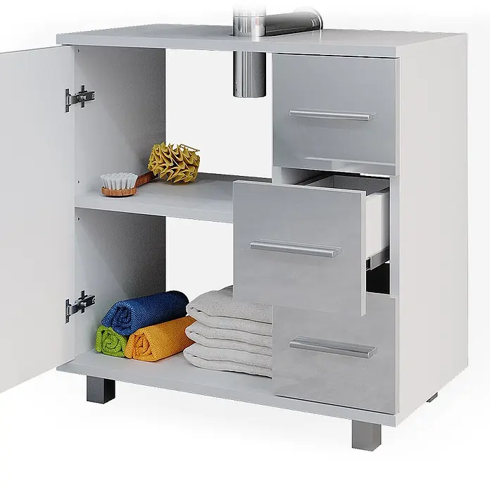 Vicco Badmöbel-Set Ilias Weiß Hochglanz 2 Teile - Gesamtbreite Badmöbel: 60 cm, Weiß Hochglanz, Glänzend - Weiß-grauer Badschrank mit offener Tür und Schublade, bietet integrierte Ablageflächen.