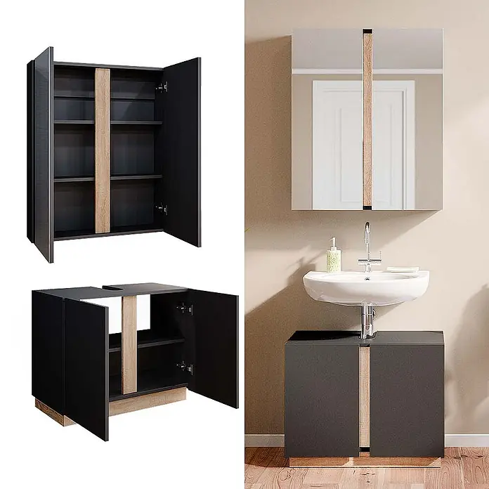 Vicco Badmöbel-Set Gloria, Anthrazit 70 cm -  - Dunkelgraues Badmöbel-Set mit Spiegelschrank und Waschbeckenunterschrank, Akzente in hellem Holz, geöffnet und montiert.