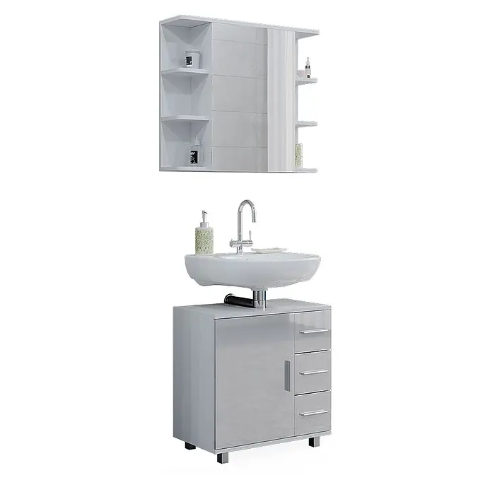 Vicco Badmöbel-Set Ilias Weiß Hochglanz 2 Teile - Gesamtbreite Badmöbel: 60 cm, Weiß Hochglanz, Glänzend - Weißglänzendes Badmöbel-Set mit Spiegelschrank, offenen Regalen, Waschbecken, Armatur und Unterschrank.