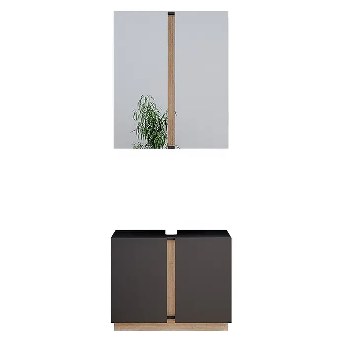 Vicco Badmöbel-Set Gloria, Anthrazit 70 cm -  - Modernes dunkelgrau-Holz Spiegelmöbel, das eine grüne Pflanze spiegelt.