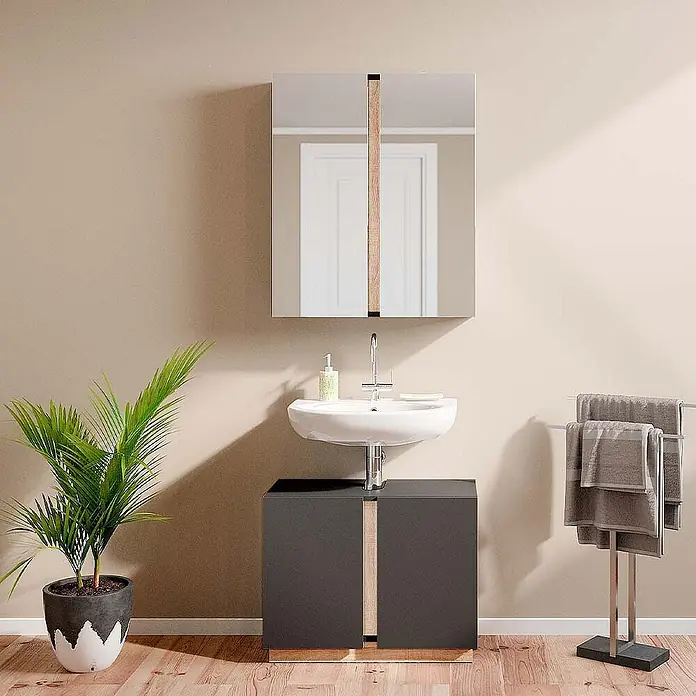 Vicco Badmöbel-Set Gloria, Anthrazit 70 cm -  - Dunkelgrauer und Eichenholz-Badunterschrank mit Waschbecken und passendem Spiegel.