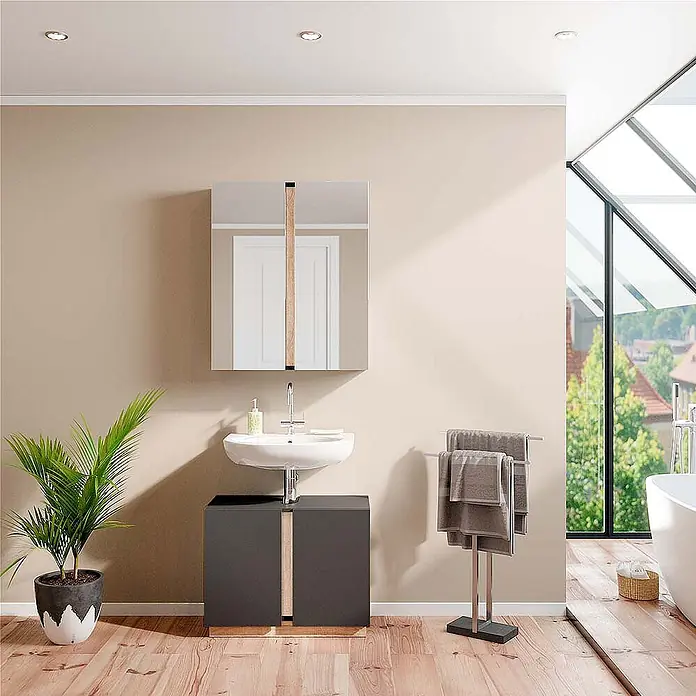 Vicco Badmöbel-Set Gloria, Anthrazit 70 cm -  - Dunkelgrauer Badunterschrank mit Waschbecken und passender Spiegelschrank mit Holzapplikationen im modernen Bad.