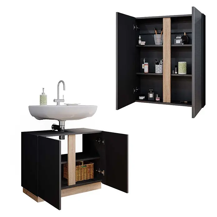 Vicco Badmöbel-Set Gloria, Anthrazit 70 cm -  - Schwarzer Badunterschrank mit weißem Waschbecken und Wasserhahn, sowie passendem Wandschrank, beide mit Holzdetails und offenen Türen.