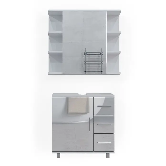 Vicco Badmöbel-Set Ilias Weiß Hochglanz 2 Teile - Gesamtbreite Badmöbel: 60 cm, Weiß Hochglanz, Glänzend - Modernes weißes Badezimmermöbel-Set: Wandschrank mit Regalen, Handtuchhalter und Unterschrank mit Tür und Schubladen.