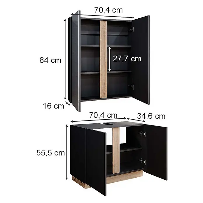 Vicco Badmöbel-Set Gloria, Anthrazit 70 cm -  - Dunkelgraue Schränke mit hellen Holzdetails, Regalböden und einem Unterschrank mit Spülenausschnitt.