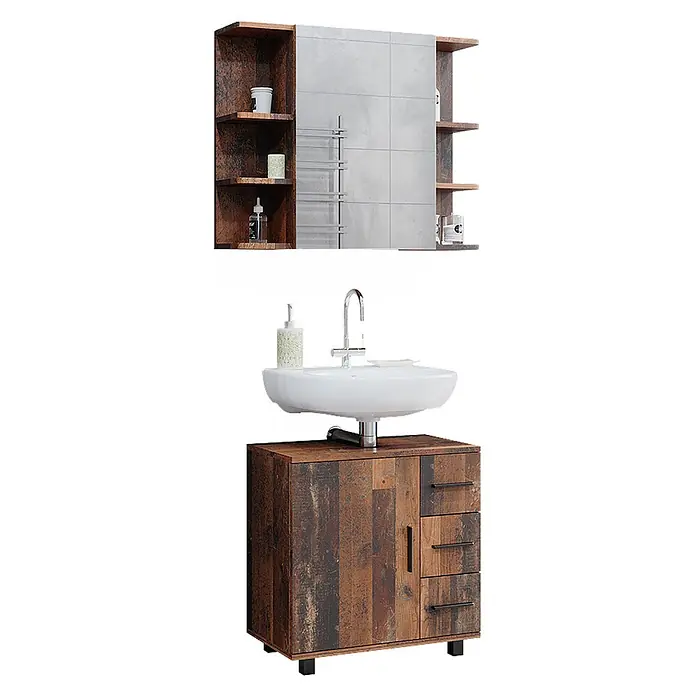 Vicco Badmöbel-Set Ilias Eiche rustikal 2 Teile - Gesamtbreite Badmöbel: 60 cm, Eiche rustikal, Matt - Rustikaler dunkler Holz-Badezimmerschrank mit weißem Keramikwaschbecken, Spiegelschrank, offenen Regalen und Schubladen.