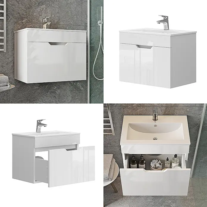 Vicco Badmöbel-Set Stefanie Weiß 2 Teile, Unterschrank 60 cm - Gesamtbreite Badmöbel: 58 cm, Weiß, Matt - Weiß hochglänzender wandhängender Waschtischunterschrank mit integriertem Waschbecken und offener Schublade.