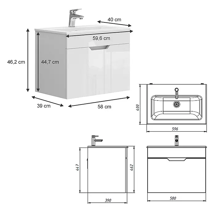 Vicco Badmöbel-Set Stefanie Weiß 2 Teile, Unterschrank 60 cm - Gesamtbreite Badmöbel: 58 cm, Weiß, Matt - Weißer wandhängender Badschrank mit integriertem Waschbecken, Armatur und Schublade, inklusive Maße.