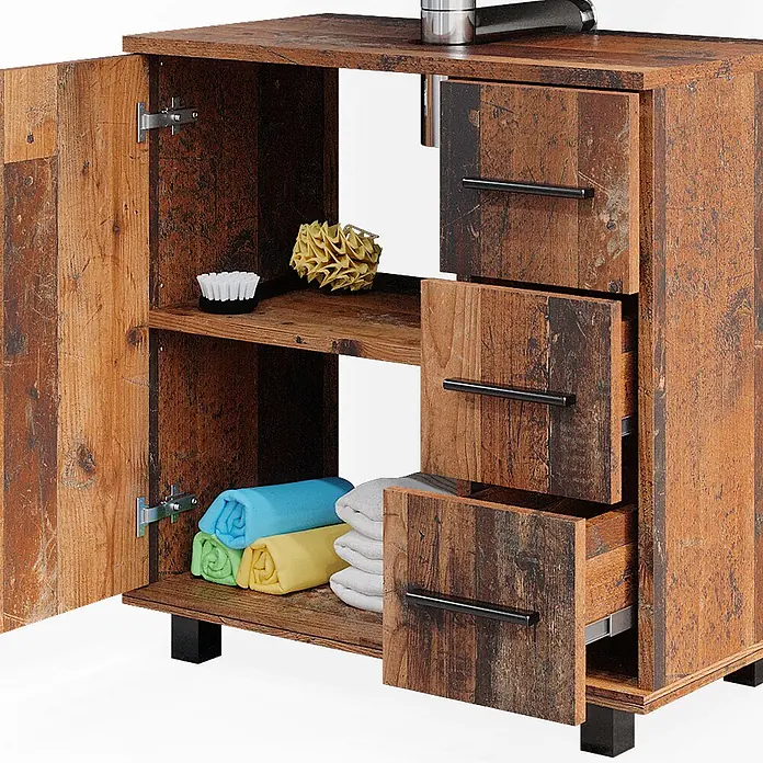 Vicco Badmöbel-Set Ilias Eiche rustikal 2 Teile - Gesamtbreite Badmöbel: 60 cm, Eiche rustikal, Matt - Rustikaler Holz-Badezimmerschrank mit offenen Fächern, Tür und drei Schubladen, zur Aufbewahrung von Handtüchern und Badzubehör.