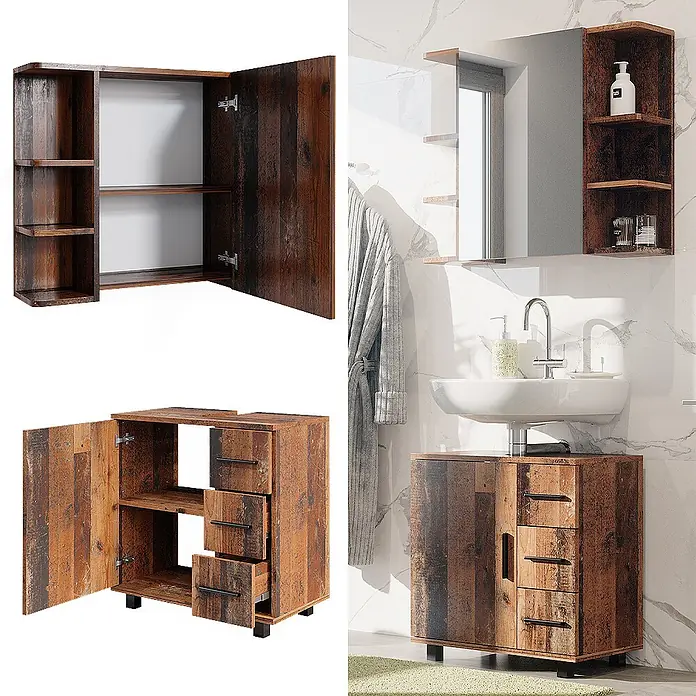 Vicco Badmöbel-Set Ilias Eiche rustikal 2 Teile - Gesamtbreite Badmöbel: 60 cm, Eiche rustikal, Matt - Rustikales Badmöbelset aus dunklem Holz mit Spiegelschrank, Seitenregalen und einem Unterschrank mit Türen und Schubladen.