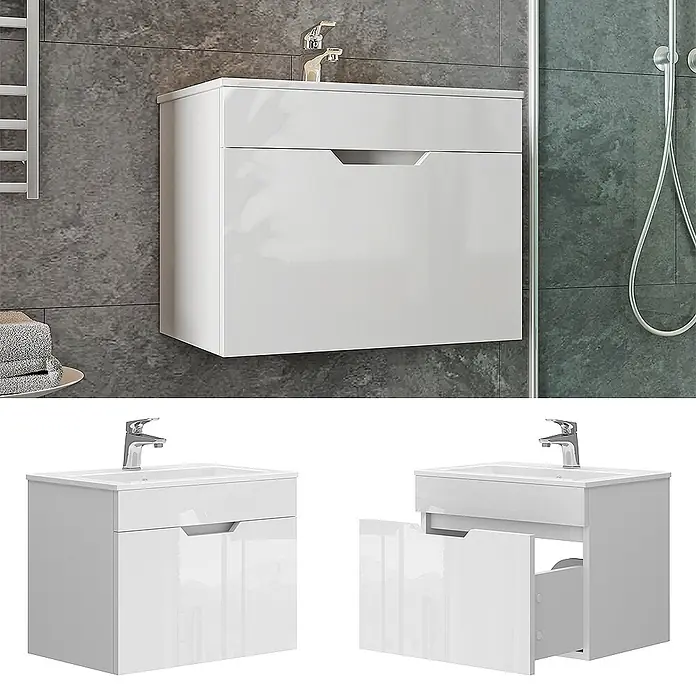 Vicco Badmöbel-Set Stefanie Weiß 2 Teile, Unterschrank 60 cm - Gesamtbreite Badmöbel: 58 cm, Weiß, Matt - Weißer, glänzender wandhängender Waschtisch mit integriertem Waschbecken und Wasserhahn, auch mit geöffneter Schublade gezeigt.