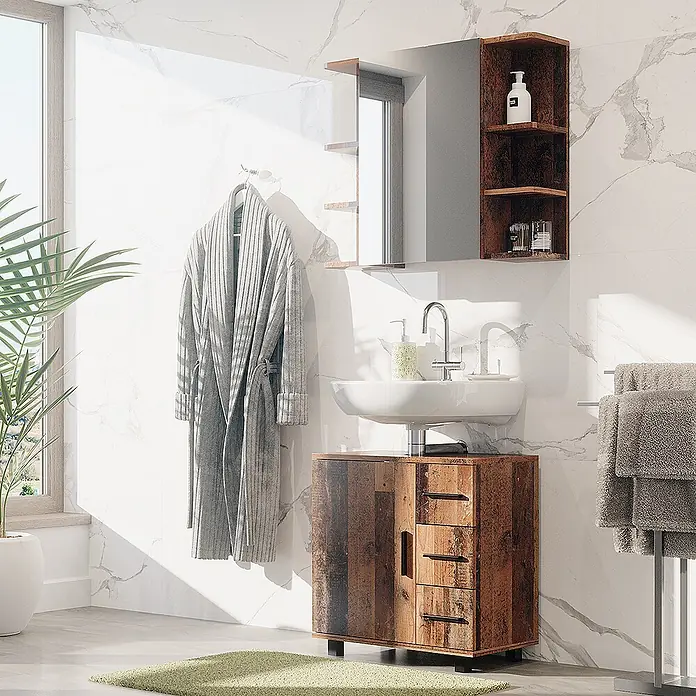 Vicco Badmöbel-Set Ilias Eiche rustikal 2 Teile - Gesamtbreite Badmöbel: 60 cm, Eiche rustikal, Matt - Rustikales Holz-Badmöbelset mit Waschbecken, passendem Spiegelschrank und Handtuchhalter.