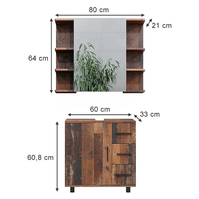 Vicco Badmöbel-Set Ilias Eiche rustikal 2 Teile - Gesamtbreite Badmöbel: 60 cm, Eiche rustikal, Matt - Badezimmermöbel-Set aus Altholz: ein Spiegelschrank mit offenen Regalen (80x64x21cm) und ein Waschtischunterschrank mit Tür und 3 Schubladen (60x60,8x33cm).