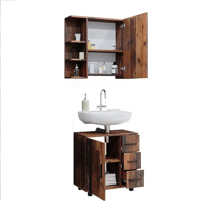 Vicco Badmöbel-Set Ilias Eiche rustikal 2 Teile - Gesamtbreite Badmöbel: 60 cm, Eiche rustikal, Matt - Dunkelbraunes Badmöbel-Set im Altholz-Look mit Waschbecken, Unterschrank und Wandschrank zur Aufbewahrung.