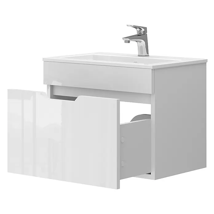 Vicco Badmöbel-Set Stefanie Weiß 2 Teile, Unterschrank 60 cm - Gesamtbreite Badmöbel: 58 cm, Weiß, Matt - Weißer Hochglanz-Badunterschrank mit Waschbecken und Chromarmatur, Schublade offen.