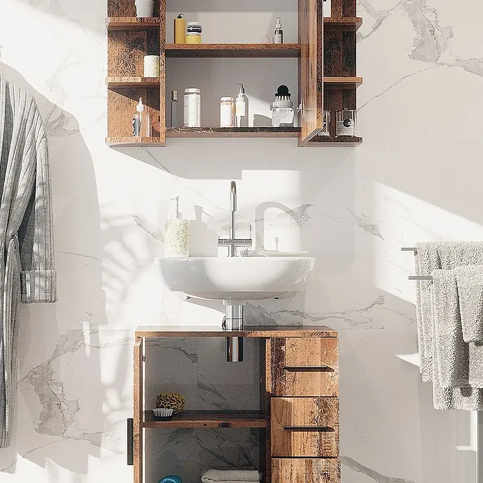 Vicco Badmöbel-Set Ilias Eiche rustikal 2 Teile - Gesamtbreite Badmöbel: 60 cm, Eiche rustikal, Matt - Weißes Badezimmerwaschbecken mit rustikalem Holzunterschrank und Wandschrank, mit Badutensilien.