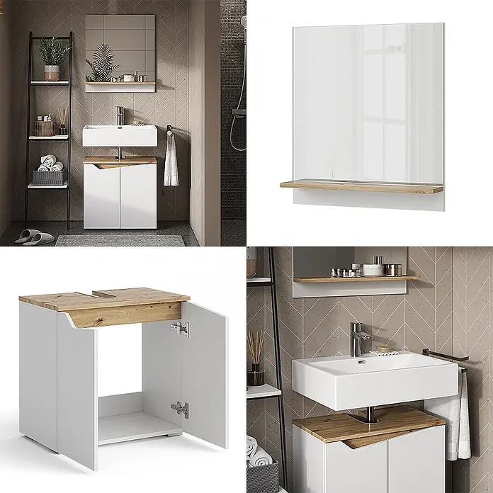 Vicco Badmöbel-Set Marelle Weiß 2 Teile - Gesamtbreite Badmöbel: 60 cm, Weiß, Matt - Weißes Badmöbel-Set mit rechteckigem Keramikwaschbecken, Unterschrank mit Holzplatte und passendem Spiegel mit Ablage.