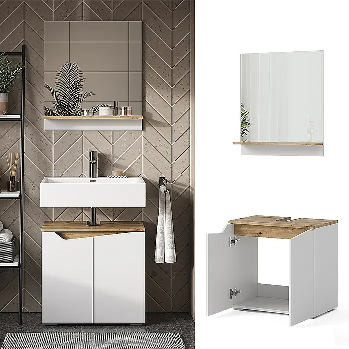 Vicco Badmöbel-Set Marelle Weiß 2 Teile - Gesamtbreite Badmöbel: 60 cm, Weiß, Matt - Modernes Badmöbelset mit weißem Schrank, Holzdetails, rechteckigem Waschbecken und Spiegel mit Ablage.