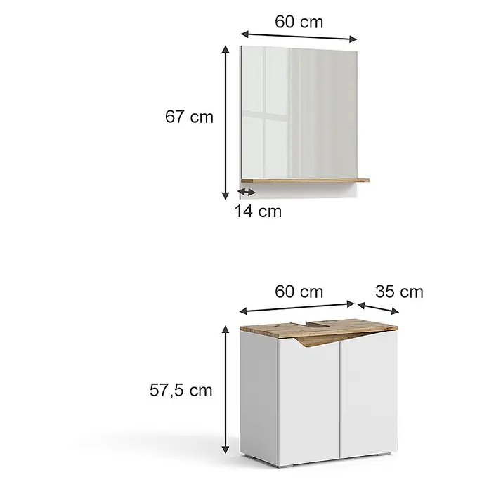 Vicco Badmöbel-Set Marelle Weiß 2 Teile - Gesamtbreite Badmöbel: 60 cm, Weiß, Matt - Weißer Badezimmerspiegel mit Holzablage und passender weißer Waschtischunterschrank mit Holzplatte.