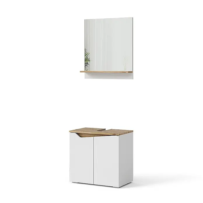 Vicco Badmöbel-Set Marelle Weiß 2 Teile - Gesamtbreite Badmöbel: 60 cm, Weiß, Matt - Weißer Badezimmerschrank mit Holzplatte und passendem rechteckigem Spiegel mit Holzablage.
