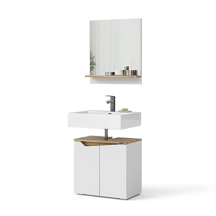 Vicco Badmöbel-Set Marelle Weiß 2 Teile - Gesamtbreite Badmöbel: 60 cm, Weiß, Matt - Modernes weißes und hölzernes Badezimmermöbelset mit rechteckigem Waschbecken, Chromarmatur und Spiegel mit Ablage.