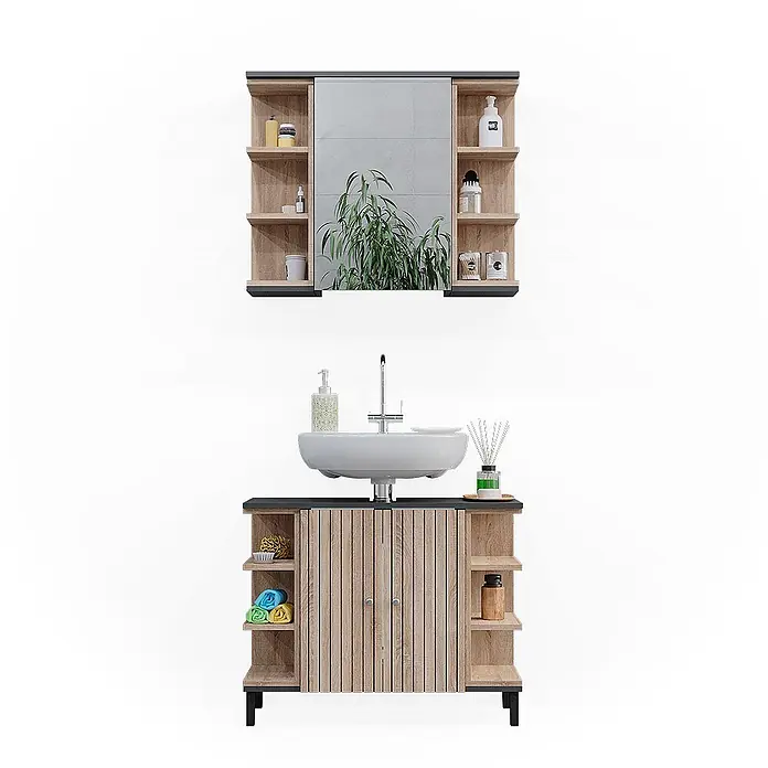Vicco Badmöbel-Set Aquis Sonoma 2 Teile - Gesamtbreite Badmöbel: 76,9 cm, Sonoma, Matt - Badezimmer-Waschtischset aus Holz mit Spiegelschrank, offenen Regalen und Unterschrank mit Waschbecken.