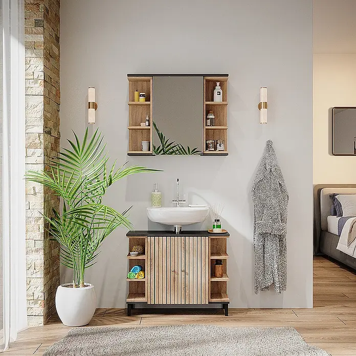 Vicco Badmöbel-Set Aquis Sonoma 2 Teile - Gesamtbreite Badmöbel: 76,9 cm, Sonoma, Matt - Moderner Badezimmer-Waschtisch in Holzoptik mit weißem Waschbecken und passendem Spiegelschrank mit Regalen in einem Bad.