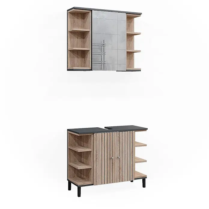 Vicco Badmöbel-Set Aquis Sonoma 2 Teile - Gesamtbreite Badmöbel: 76,9 cm, Sonoma, Matt - Zweiteiliges modernes Möbelset: Hängeschrank mit Holzregalen, Spiegelschiebetür mit Handtuchhalter; Unterschrank mit Holzregalen und Lamellentüren in Hellholz und Dunkelgrau.