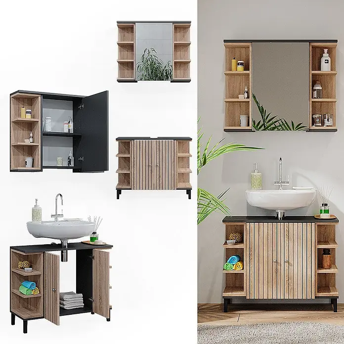 Vicco Badmöbel-Set Aquis Sonoma 2 Teile - Gesamtbreite Badmöbel: 76,9 cm, Sonoma, Matt - Modernes Badezimmerset: Waschtisch aus hellem Holz mit dunkelgrauer Platte, Waschbecken, Lamellentüren, offenen Regalen; passender Spiegelschrank.
