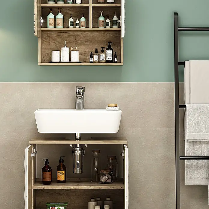 Vicco Badmöbel-Set Edge Weiß 2 Teile - Gesamtbreite Badmöbel: 60 cm, Weiß, Matt - Moderne Badmöbel mit weißem Waschbecken und Holzoptik-Unterschrank, dazu passender Hängeschrank, im Badezimmer.