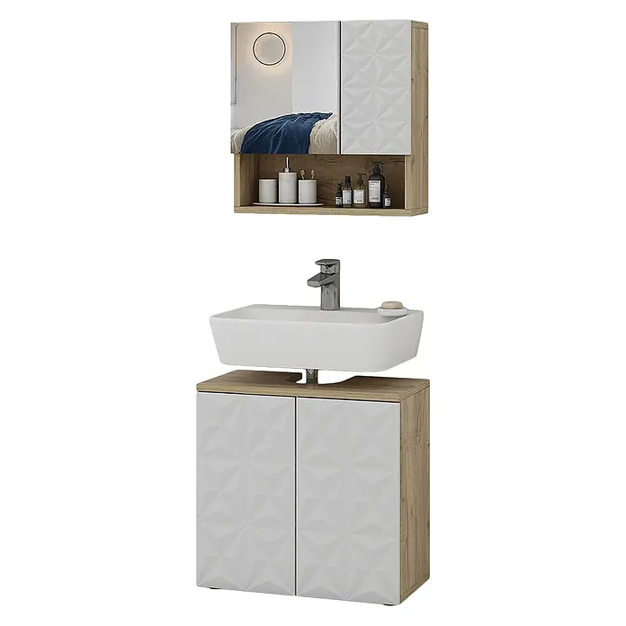 Vicco Badmöbel-Set Edge Weiß 2 Teile - Gesamtbreite Badmöbel: 60 cm, Weiß, Matt - Badezimmermöbel-Set mit geometrischen weißen Türen, Holzdekorrahmen, Keramikwaschbecken und Spiegelschrank mit Ablage.